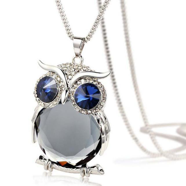 Women Owl Pendant Diamond Sweater Chain Long Necklace Jewelry BU